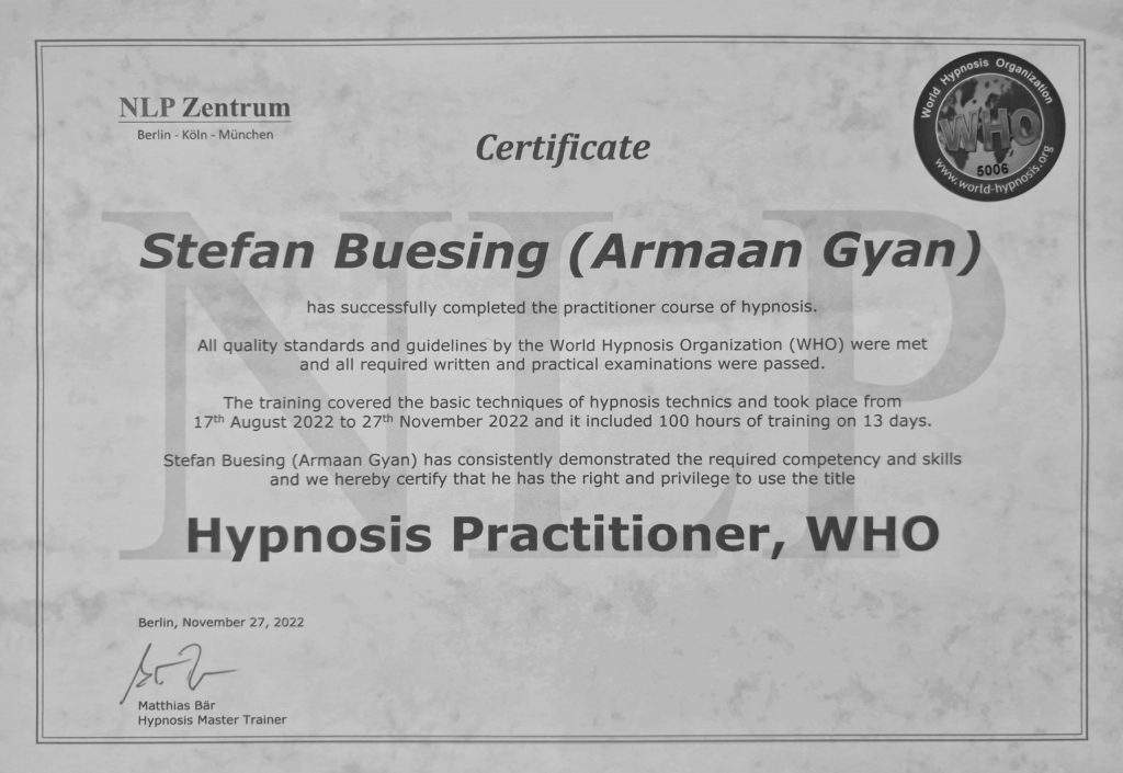 Hypnosis Practitioner Certificate WHO