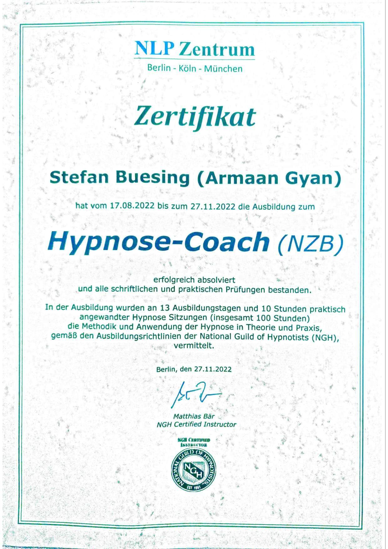 Hypno Coach Certificate NZB