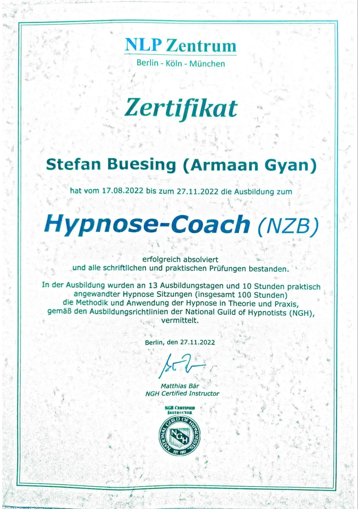 Hypno Coach Certificate NZB