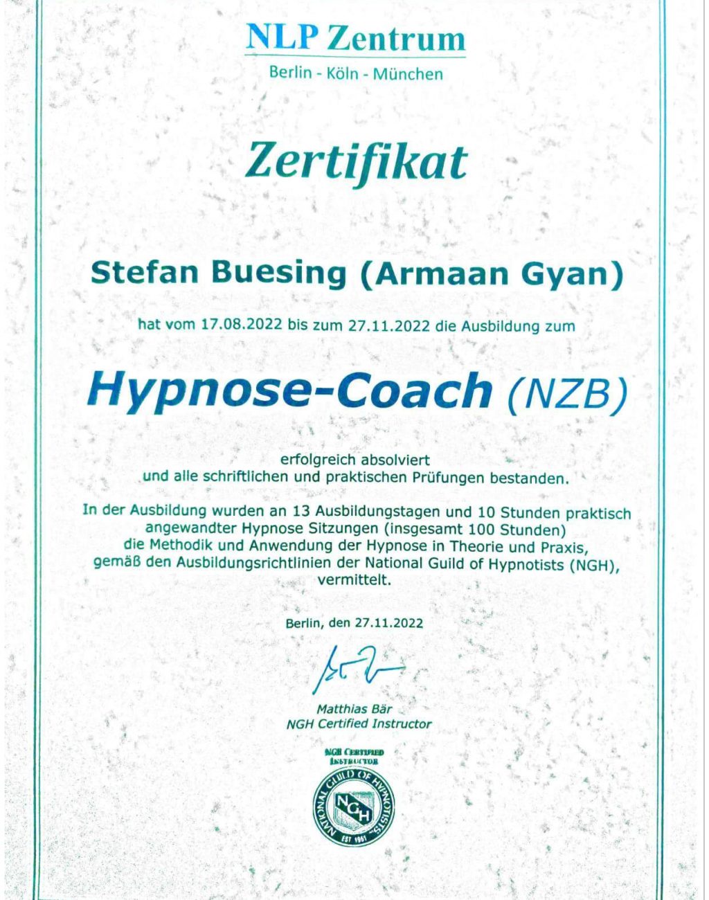 Hypno Coach Certificate NZB